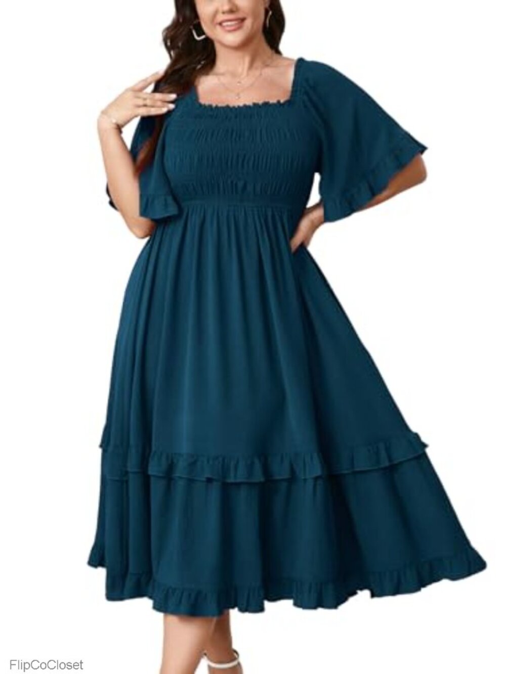 Plus Size Maxi Dress Square Neck Flutter Sleeve A-Line Wedding Guest Cocktail